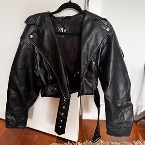 Zara Black Leather Moto Jacket with Asymmetrical Zipper